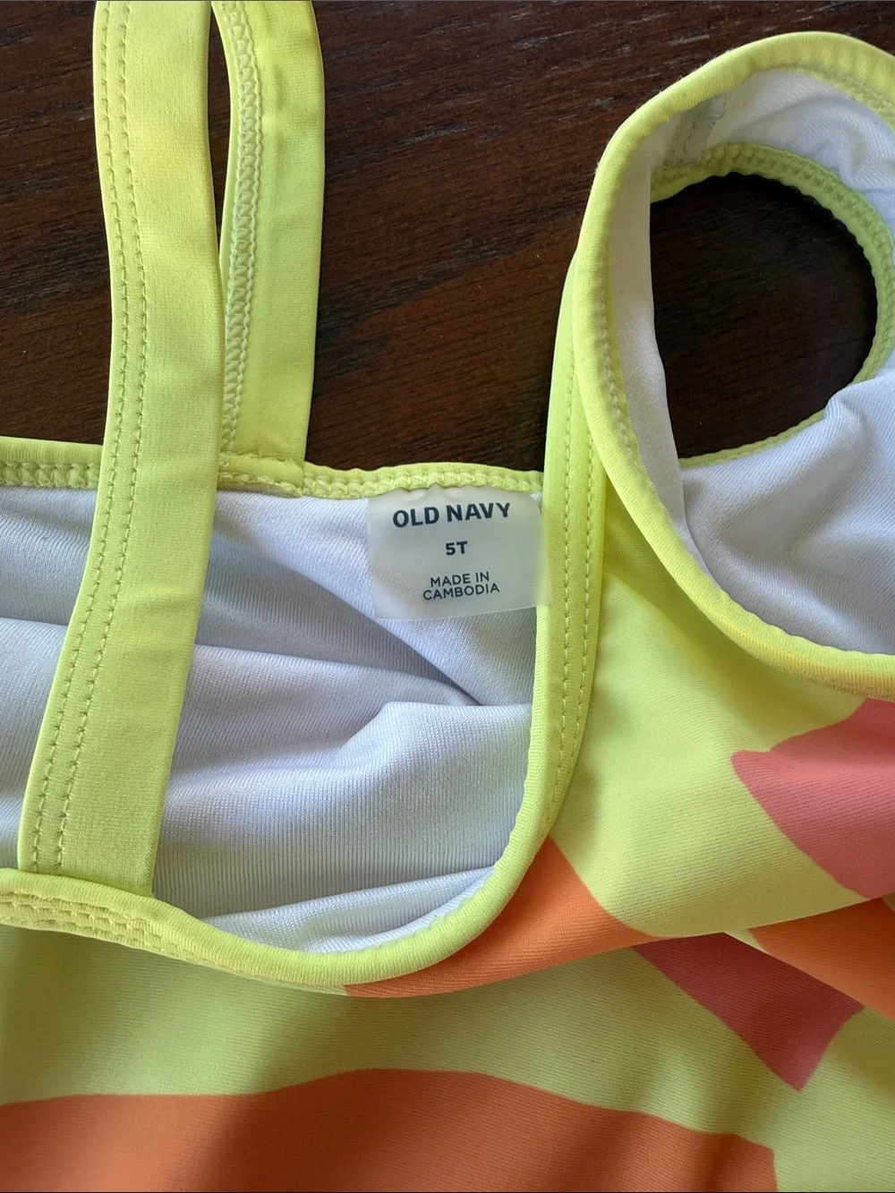 Old Navy Neon Yellow One-Piece Swimsuit with Pink & Orange Sunburst